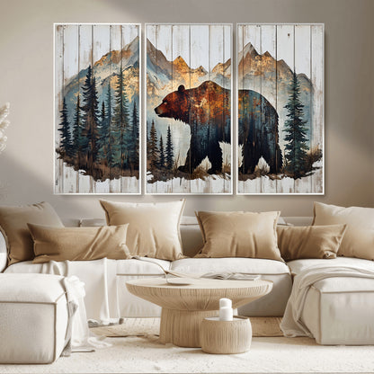 55777-MGV-CV-36X24-Rustic Bear Wall Art Canvas Print, Framed Mountain and Forest Art Picture Print, Wooden Bear Perfect Rustic Lodge Decor Artwork