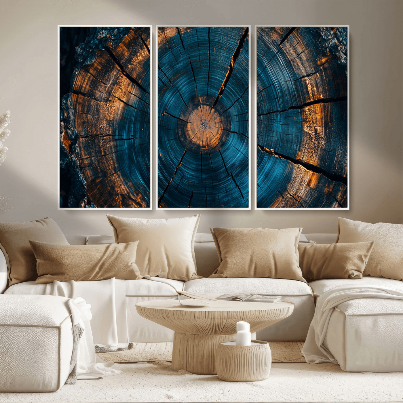 65231-MGV-CV-36X24-Blue and Gold Tree Ring Wall Art – Rustic Abstract Wood Slice Canvas Print, Modern Nature Inspired Artwork for Living Room,
