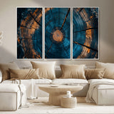 65231-MGV-CV-36X24-Blue and Gold Tree Ring Wall Art – Rustic Abstract Wood Slice Canvas Print, Modern Nature Inspired Artwork for Living Room,