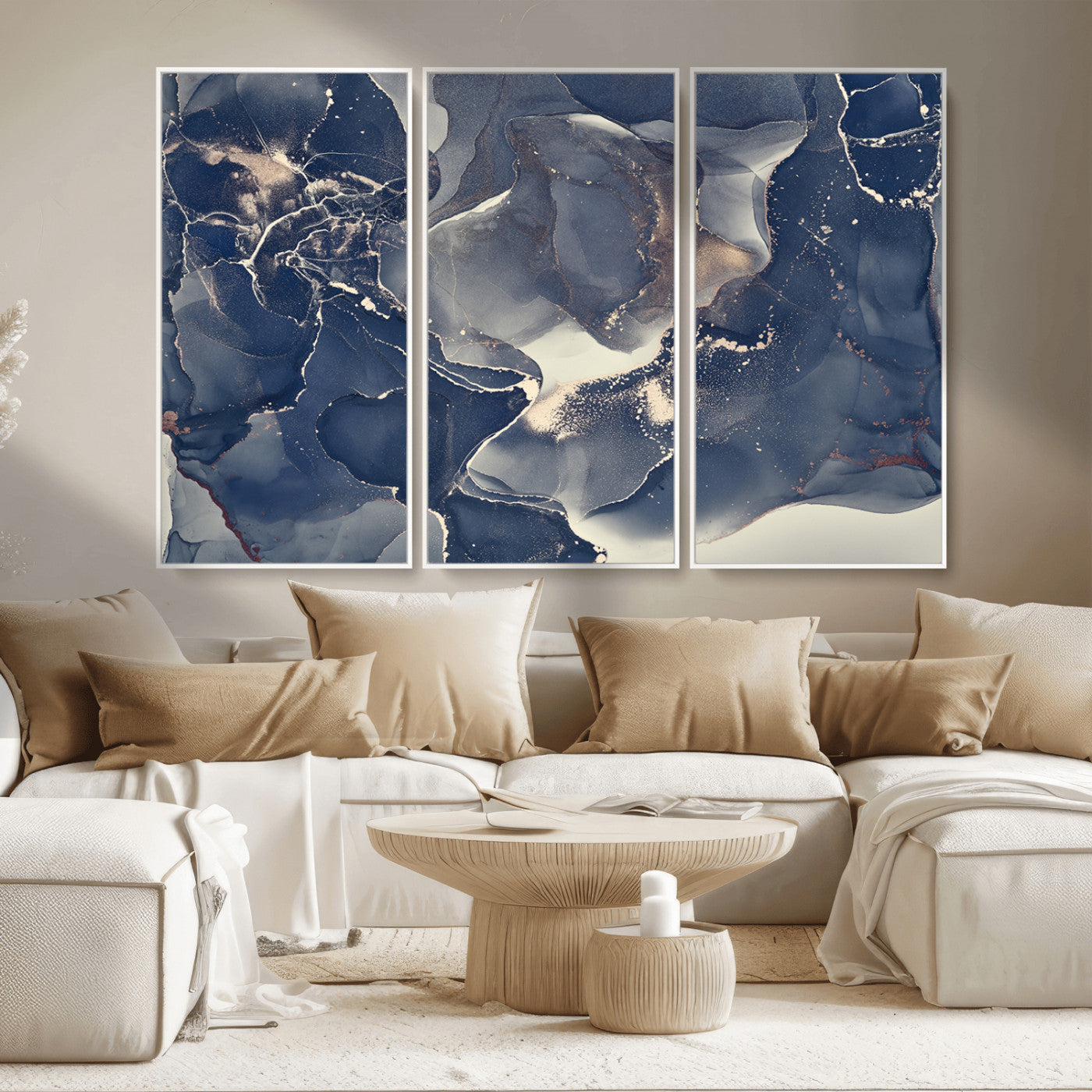 28282-MGV-CV-36X24-Blue Abstract Wall Art – Modern Ink Swirl Canvas Print, Contemporary Navy and Gold Painting for Living Room, Bedroom, Office or