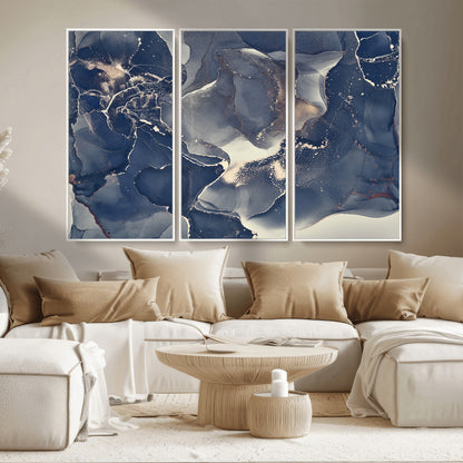 28282-MGV-CV-36X24-Blue Abstract Wall Art – Modern Ink Swirl Canvas Print, Contemporary Navy and Gold Painting for Living Room, Bedroom, Office or