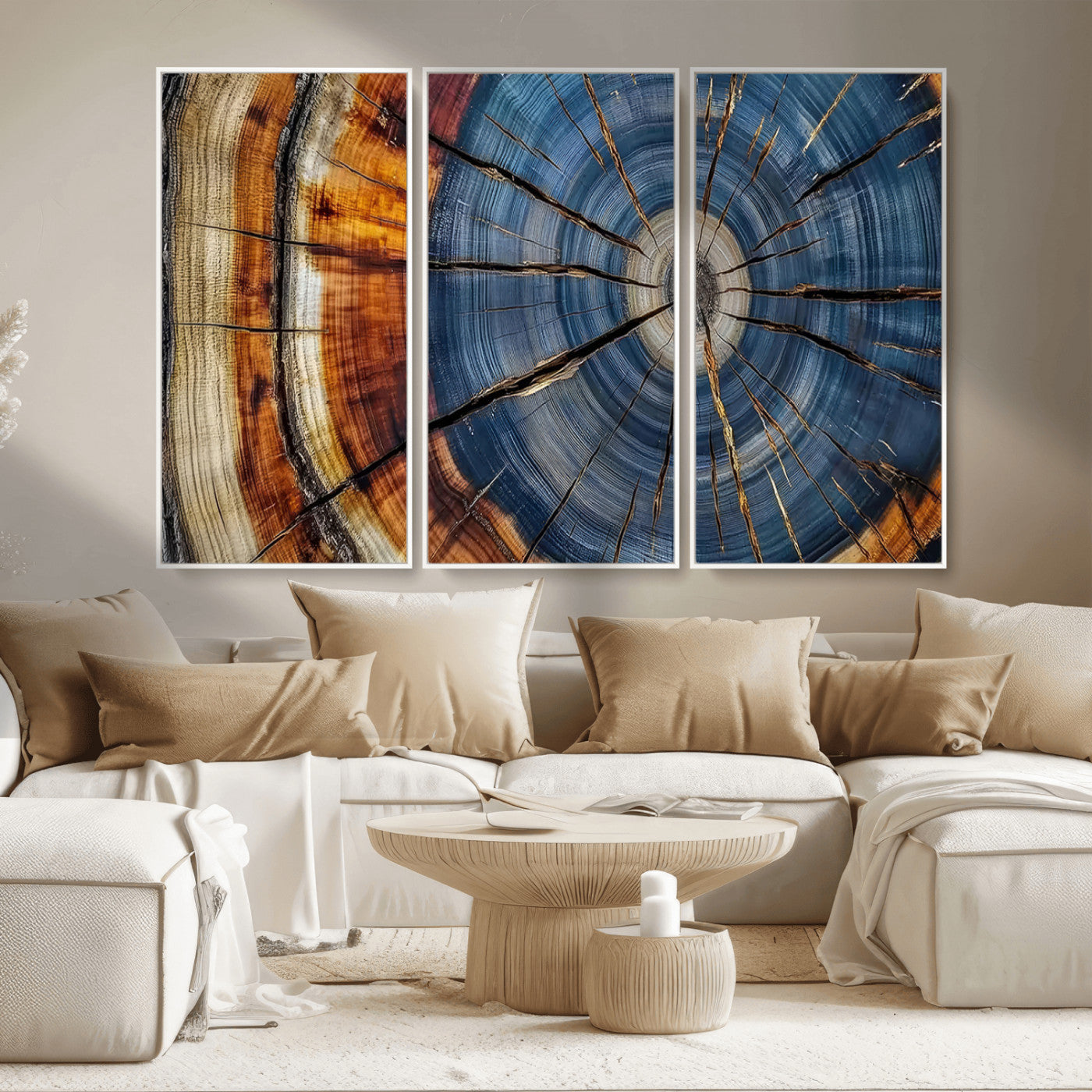 10583-MGV-CV-36X24-Tree Ring Wall Art – Abstract Wood Grain Canvas Print with Blue and Brown Tones, Nature Inspired Rustic Artwork for Living Room,