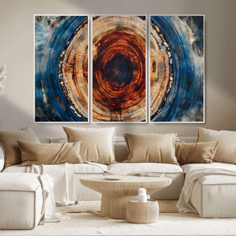 90395-MGV-CV-36X24-Tree Ring Wall Art – Abstract Wood Grain Canvas Print with Fiery Red and Blue Tones, Bold Rustic Nature Inspired Artwork Decor for