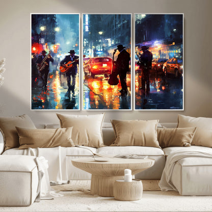 94605-MGV-CV-36X24-City Jazz Night Wall Art – Vibrant Music Canvas Print Featuring Saxophone, Guitar and Bass Players, Urban Street Scene Artwork for