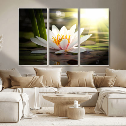 40478-MGV-CV-36X24-Water Lily Wall Art – White Lotus Flower Canvas Print with Sunlight Reflection, Serene Botanical Artwork for Living Room, Bedroom,