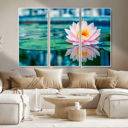 65933-MGV-CV-36X24-Pink Water Lily Wall Art – Lotus Flower Canvas Print with Reflection on Calm Water, Peaceful Botanical Artwork for Living Room,