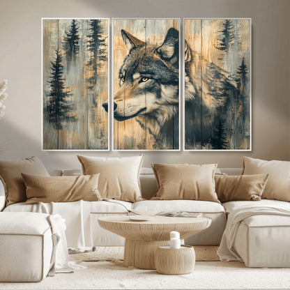 51892-MGV-CV-36X24-Wolf Wall Art – Rustic Canvas Print of Wolf with Forest Trees on Wood Texture, Wildlife Lodge Artwork for Living Room, Bedroom,