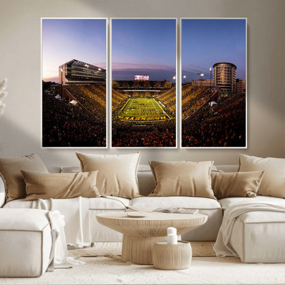 82557-MGV-CV-36X24-College Football Stadium Wall Art – Panoramic Sunset Canvas Print with Marching Band and Game Day Crowd, Sports Artwork for Man