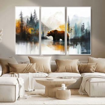 50308-MGV-CV-36X24-Abstract Rustic Bear Wall Art – Forest and Mountain Scene Canvas Print, Nature Artwork for Modern Farmhouse or Log Cabin Decor