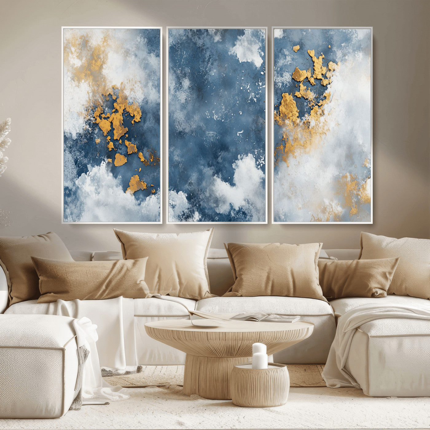 39575-MGV-FC-48X32-3P_White-Blue and Gold Abstract Wall Art – Modern Canvas Print Featuring Cloudy Textures with Metallic Accents, Contemporary Artwork for
