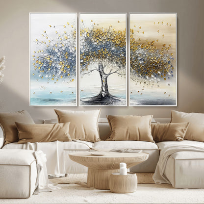 24771-MGV-CV-36X24-Silver Tree Wall Art Canvas Print, Framed Golden Leaves Art Picture Print, Metallic Tree Perfect Minimalist Luxury Decor Artwork