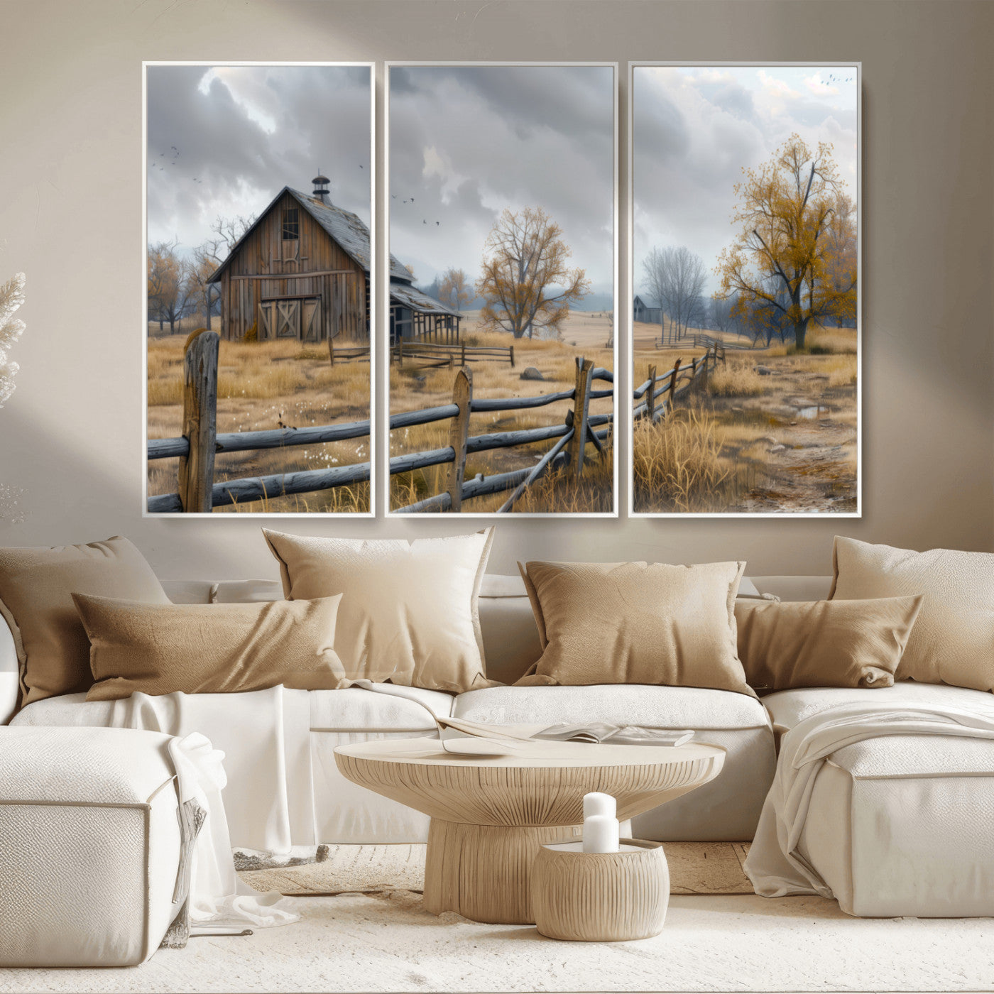 Farm1-MGV-CV-36X24-Rustic Autumn Farmhouse Wall Art – Serene Countryside Scene Canvas Print, Weathered Barn and Autumn Trees Decor for Living Room,