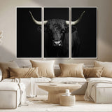 97914921-MGV-CV-36X24-Black Bull Wall Art Canvas Print, Framed Longhorn Bull Art Picture Print, Western Bull Perfect Monochrome Western Decor Artwork