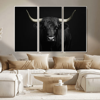 97914921-MGV-CV-36X24-Black Bull Wall Art Canvas Print, Framed Longhorn Bull Art Picture Print, Western Bull Perfect Monochrome Western Decor Artwork