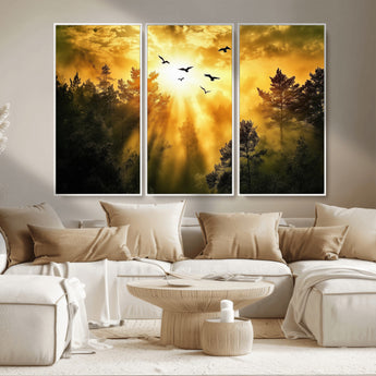 13776802-MGV-CV-36X24-Golden Forest Wall Art Canvas Print, Framed Sunset Pines Art Picture Print, Flying Birds Perfect Nature Glow Decor Artwork