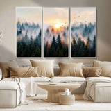56391411-MGV-FC-48X32-3P_White-Misty Forest Wall Art Canvas Print, Framed Sunrise Pines Art Picture Print, Moody Pines Perfect Serene Woodland Decor Artwork