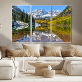 87724099-MGV-FC-48X32-3P_White-Maroon Bells Wall Art Canvas Print, Framed Snowy Mountains Art Picture Print, Pine Forest Perfect Vibrant Alpine Decor Artwork