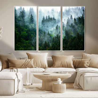 17393683-MGV-CV-36X24-Misty Forest Art Wall Art Canvas Print, Framed Foggy Mountain Art Art Picture Print, Scenic Wall Print Perfect Decor Artwork