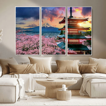 32331262-MGV-CV-36X24-Mount Fuji Japan Wall Art – Cherry Blossom Landscape Canvas Print, Chureito Pagoda Sunset Photography, Japanese Nature Travel