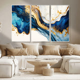 60283636-MGV-CV-36X24-Blue Gold Flow Wall Art Canvas Print, Framed Marble Texture Art Picture Print, Elegant Splash Perfect Elegant Abstract Decor