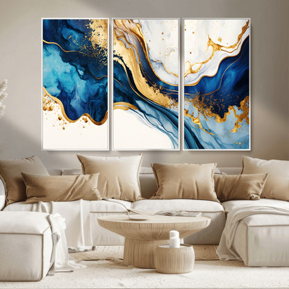 60283636-MGV-CV-36X24-Blue Gold Flow Wall Art Canvas Print, Framed Marble Texture Art Picture Print, Elegant Splash Perfect Elegant Abstract Decor