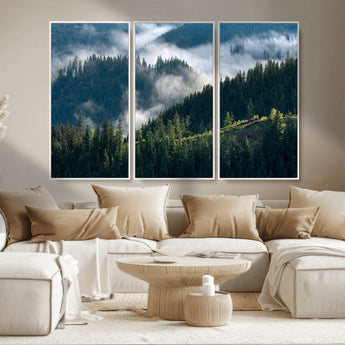 84598503-MGV-CV-36X24-Misty Forest Wall Art Canvas Print, Framed Pine Hills Art Picture Print, Moody Hills Perfect Moody Woodland Decor Artwork