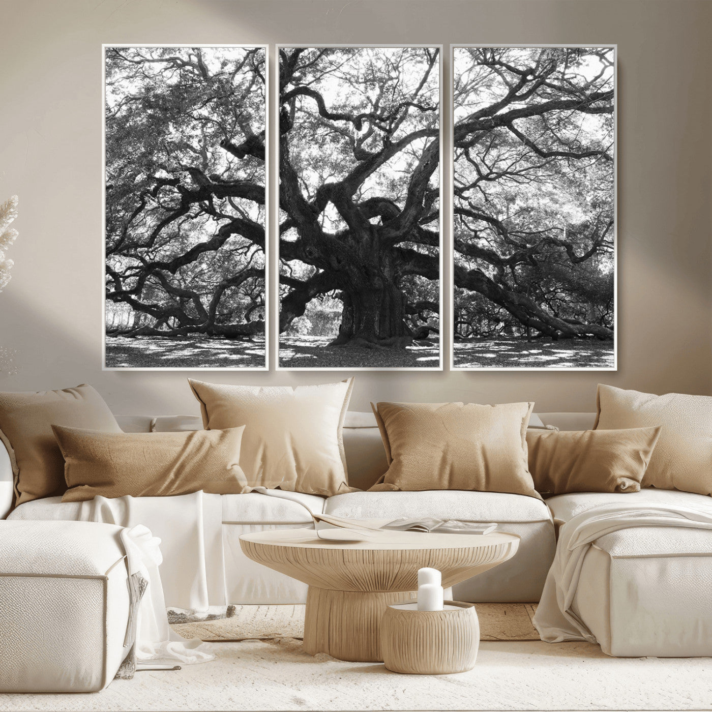 81655611-MGV-FC-48X32-3P_White-Ancient Oak Wall Art Canvas Print, Framed Twisted Branches Art Picture Print, Gnarled Tree Perfect Moody Nature Decor Artwork