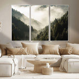 57570237-MGV-CV-36X24-Misty Valley Wall Art Canvas Print, Framed Foggy Forest Art Picture Print, Pine Trees Perfect Moody Woodland Decor Artwork