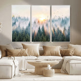92718976-MGV-CV-36X24-Misty Forest Wall Art Canvas Print, Framed Sunrise Pines Art Picture Print, Foggy Woodland Perfect Moody Woodland Decor Artwork