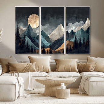 11060882-MGV-CV-36X24-Moonlit Mountains Wall Art Canvas Print, Framed Forest Silhouette Art Picture Print, Night Landscape Perfect Modern Forest Decor