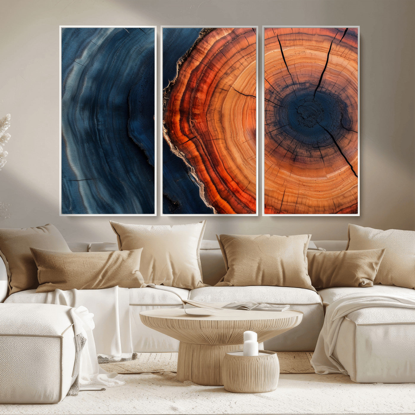 57732250-MGV-CV-36X24-Tree Ring Abstract Wall Art – Blue Orange Wood Grain Canvas Print, Modern Rustic Nature Artwork for Living Room, Office,