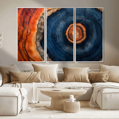72209152-MGV-CV-36X24-Abstract Tree Ring Wall Art – Vibrant Blue Orange Wood Grain Canvas Print, Rustic Modern Nature Artwork for Living Room, Office,
