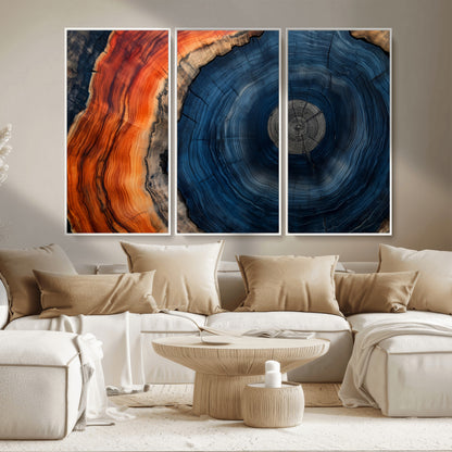 99491700-MGV-CV-36X24-Tree Ring Canvas Wall Art – Blue Orange Abstract Wood Grain Print, Rustic Modern Nature Artwork for Living Room, Office, Bedroom