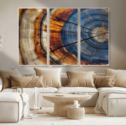 18032999-MGV-CV-36X24-Tree Ring Wall Art – Blue Brown Abstract Wood Slice Canvas Print, Rustic Modern Nature Decor for Living Room, Office, Bedroom or
