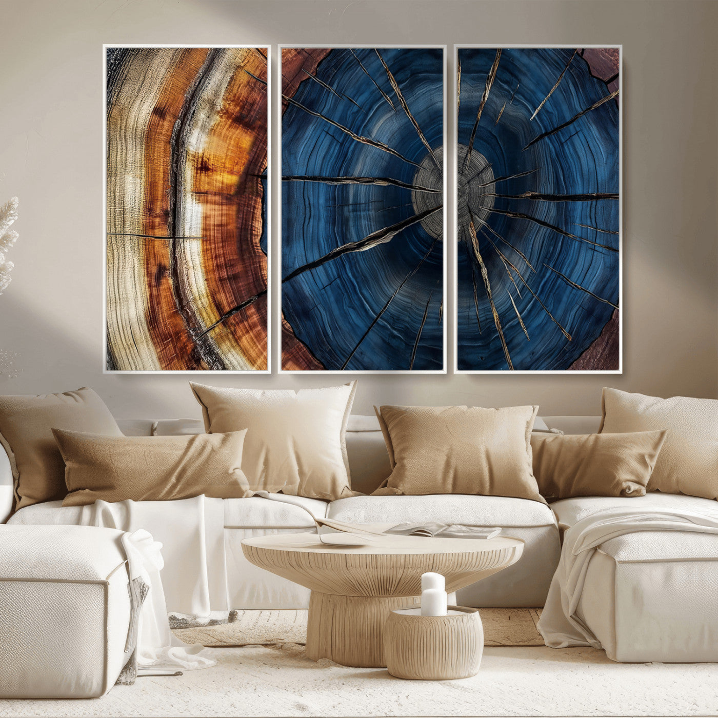 60099360-MGV-CV-36X24-Blue Tree Ring Wall Art – Rustic Wood Grain Canvas Print, Modern Abstract Artwork with Natural Texture for Living Room, Bedroom,