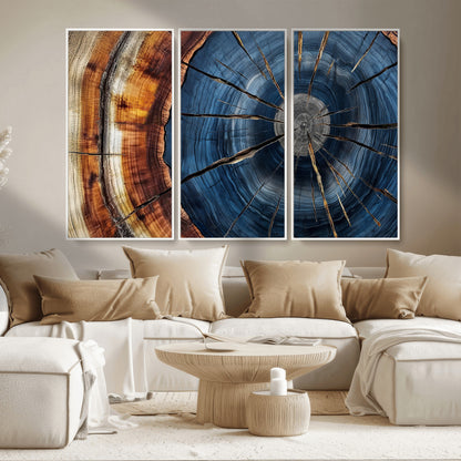 45268471-MGV-FC-48X32-3P_White-Blue Tree Ring Wall Art – Rustic Wood Cross Section Canvas Print, Modern Abstract Nature Decor for Living Room, Office, or Cabin