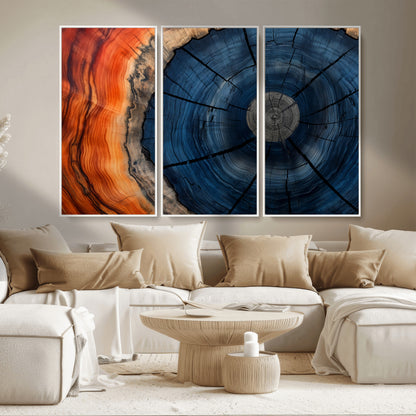 26110607-MGV-CV-36X24-Blue and Orange Tree Ring Wall Art – Abstract Wood Cross Section Canvas Print, Modern Rustic Nature Decor for Living Room, Office,