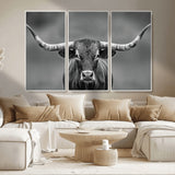 81228550-MGV-CV-36X24-Framed Texas Longhorn Bull Art Canvas Print, Western Bull Wall Art Print, Long Horn Bull Photo Print for Log Cabin, Large Bull