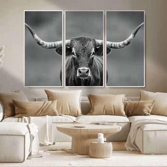 81228550-MGV-CV-36X24-Framed Texas Longhorn Bull Art Canvas Print, Western Bull Wall Art Print, Long Horn Bull Photo Print for Log Cabin, Large Bull