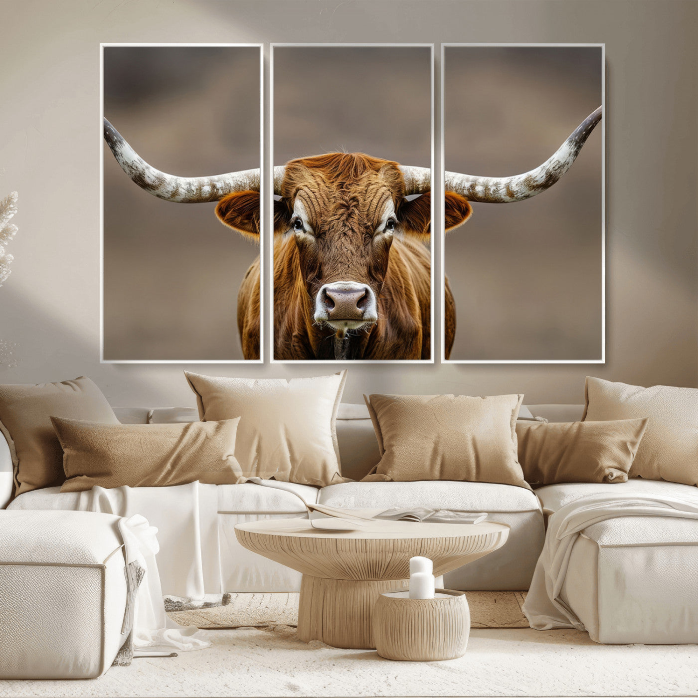 12179171-MGV-CV-36X24-Texas Longhorn Wall Art Canvas Print, Framed Brown Bull Art Picture Print, Lone Cattle Perfect Rustic Western Decor Artwork