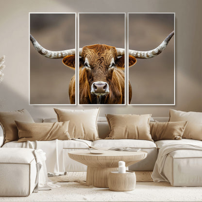 12179171-MGV-CV-36X24-Texas Longhorn Wall Art Canvas Print, Framed Brown Bull Art Picture Print, Lone Cattle Perfect Rustic Western Decor Artwork