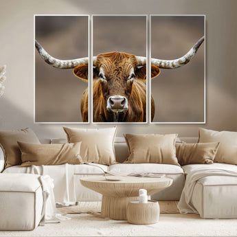 12179171-MGV-CV-36X24-Texas Longhorn Wall Art Canvas Print, Framed Brown Bull Art Picture Print, Lone Cattle Perfect Rustic Western Decor Artwork