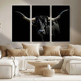 37531960-MGV-CV-36X24-Black Longhorn Bull Wall Art – Dramatic Western Cattle Canvas Print, Rustic Farmhouse Animal Artwork for Living Room, Bedroom,