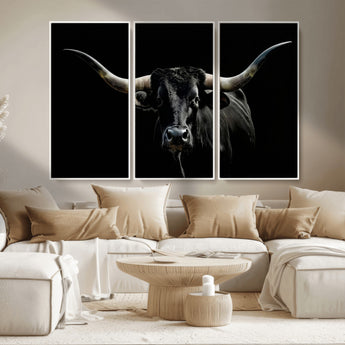 37531960-MGV-CV-36X24-Black Longhorn Bull Wall Art – Dramatic Western Cattle Canvas Print, Rustic Farmhouse Animal Artwork for Living Room, Bedroom,