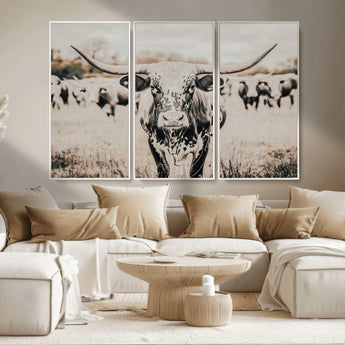 27497342-MGV-CV-36X24-Texas Longhorn Wall Art Canvas Print, Framed Speckled Cow Art Picture Print, Horned Cattle Perfect Rustic Western Decor Artwork
