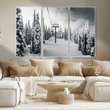31156828-MGV-CV-36X24-Snowy Pines Wall Art Canvas Print, Framed Ski Lift Art Picture Print, Winter Forest Perfect Moody Lodge Decor Artwork