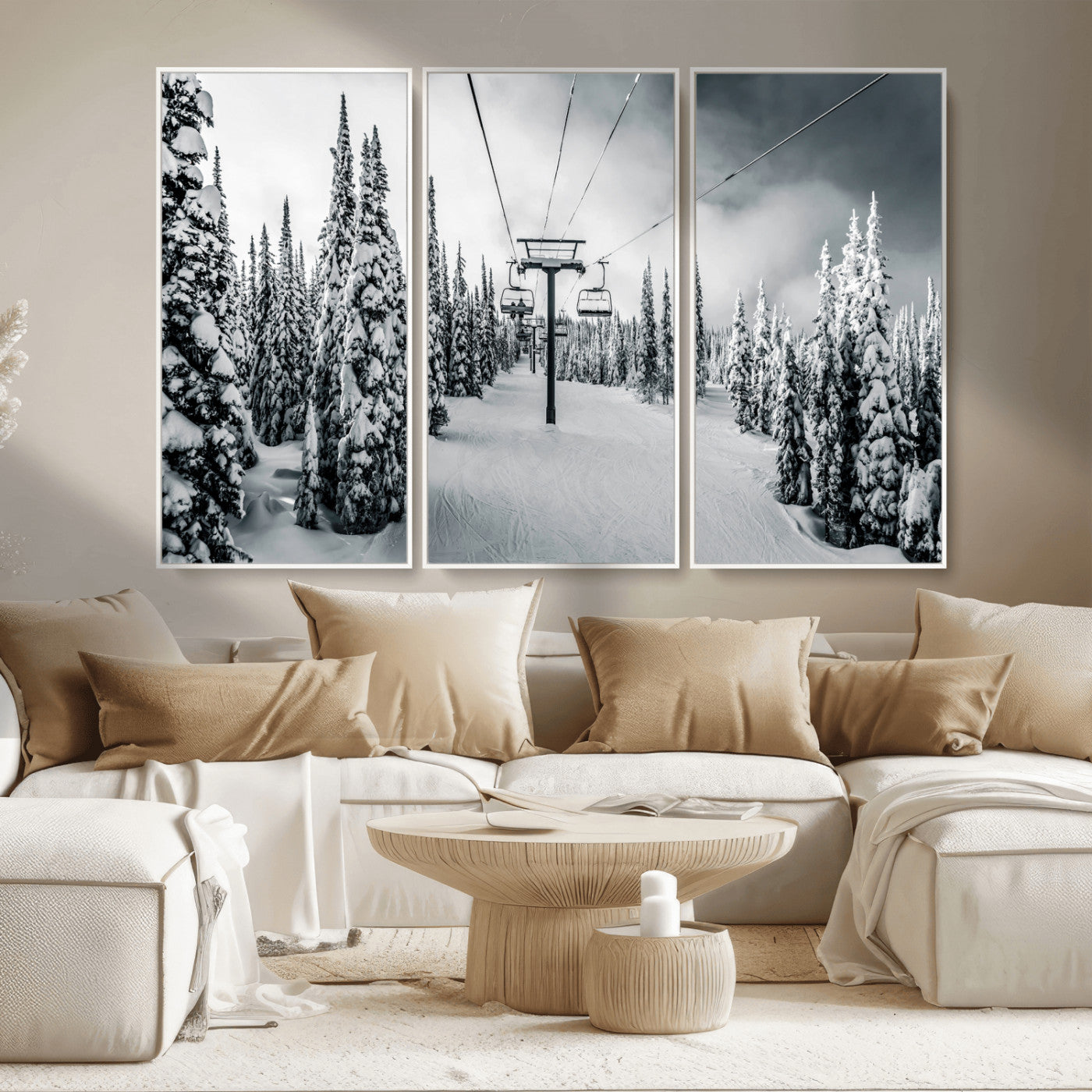 31156828-MGV-CV-36X24-Snowy Pines Wall Art Canvas Print, Framed Ski Lift Art Picture Print, Winter Forest Perfect Moody Lodge Decor Artwork