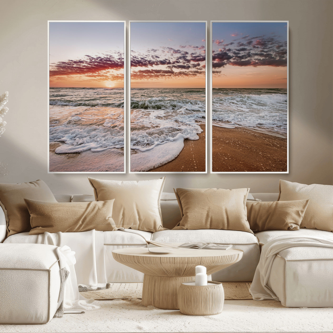 39846389-MGV-FC-48X32-3P_White-Ocean Sunset Wall Art Canvas Print, Framed Sandy Shore Art Picture Print, Gentle Waves Perfect Minimalist Coastal Decor Artwork