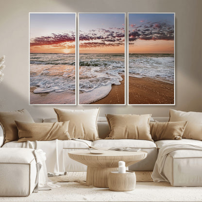39846389-MGV-FC-48X32-3P_White-Ocean Sunset Wall Art Canvas Print, Framed Sandy Shore Art Picture Print, Gentle Waves Perfect Minimalist Coastal Decor Artwork