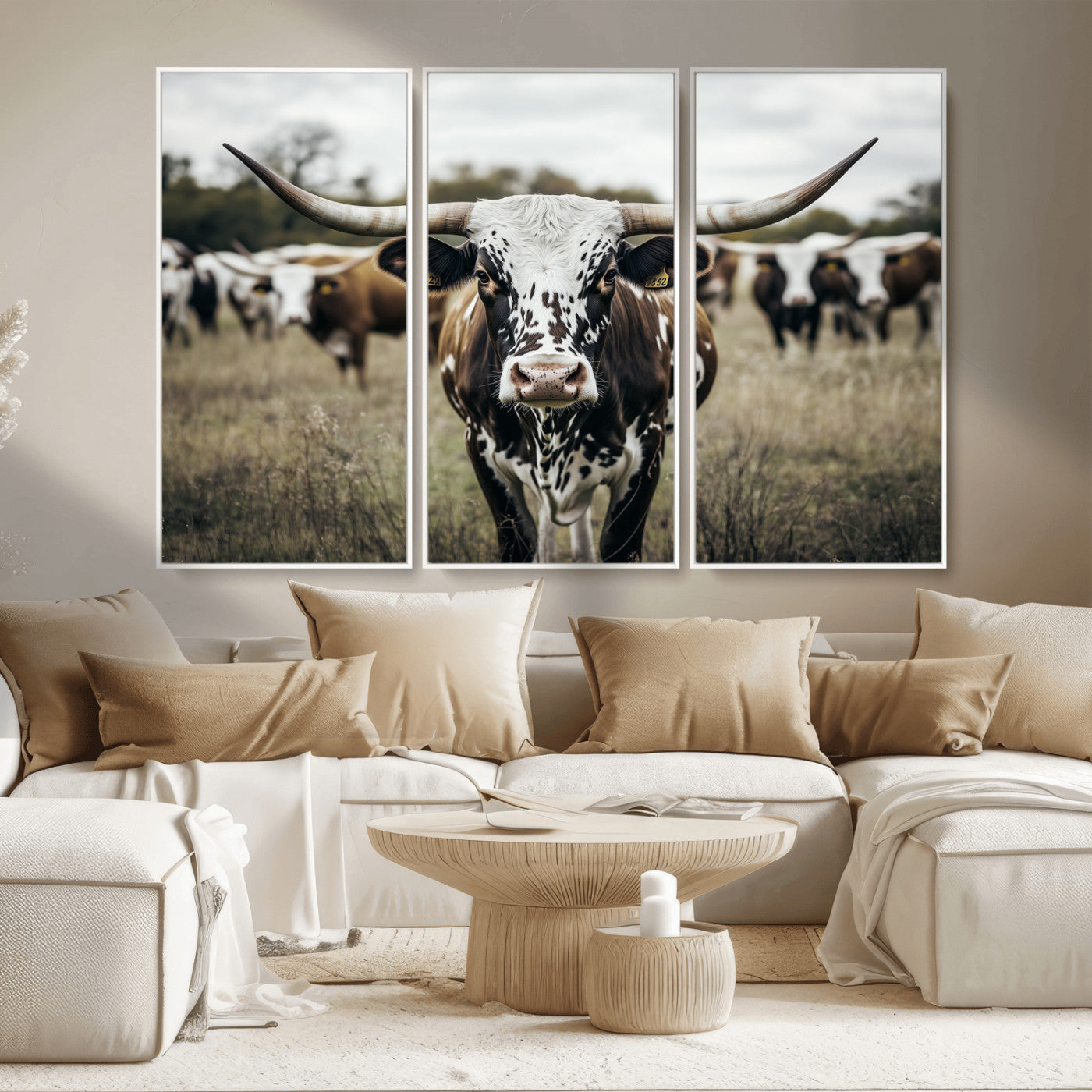 79025945-MGV-CV-36X24-Texas Longhorn Wall Art Canvas Print, Framed Speckled Cow Art Picture Print, Horned Cattle Perfect Rustic Western Decor Artwork